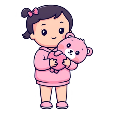 cute toddler girl with pastel pink clothes holding a pink teddy bear sticker