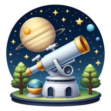 An icon featuring visible planets, distant stars, and galaxies, an observatory with a giant telescope, set against a starry sky, symbolizing the study of astronomy and celestial exploration. Transparent background highlights the wonder of the universe. sticker