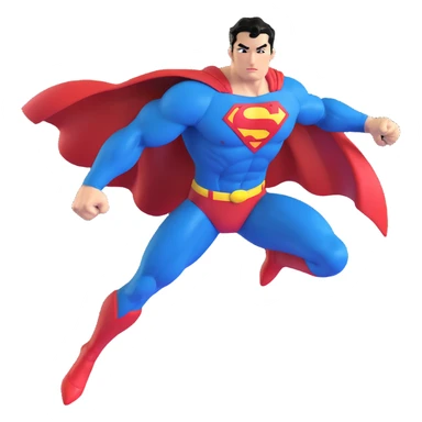 ultra-realistic 3D emoji of Superman, heroic and energetic, flying through a dramatic sky, blue suit, red cape, glowing yellow 'S', muscular build, chiseled jaw, signature black hair curl, sunlight beaming, vibrant colors, shiny and crisp sticker