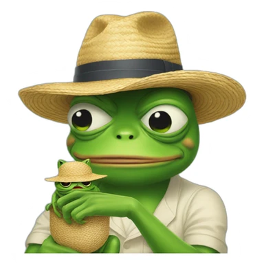 pepe frog holding cat with straw hat and he is sad  sticker
