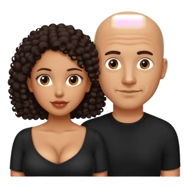 A picture of a sexy tanned couple. the man is Mexican, with a bald hair cut and a black shirt. the woman is mixed, she has curly longer dark brown hair,  she has glasses only, and with big boobs. Take the glasses of the man sticker
