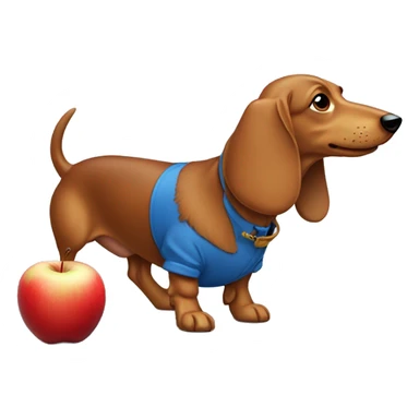 Wiener dog wearing a blue shirt with an apple in its mouth sticker