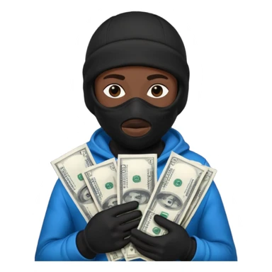 Black Ski mask holding bags of money with  skin color black sticker