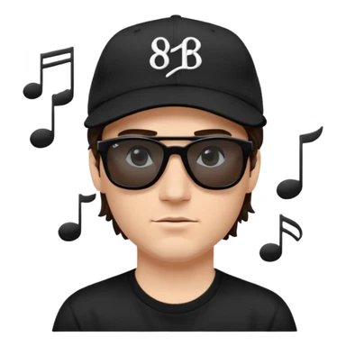“Emoji of a white man with dark brown hair under a black baseball cap, wearing a black t‑shirt and 1980s‑style black Ray‑Ban rectangle sunglasses, with black musical notes floating around his head,  sticker