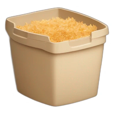 Dark cubic plastic container with wood shavings inside sticker