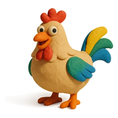 hen with colorful feathers and playful expression in claymation style sticker