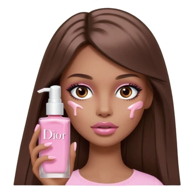 Barbie girl a brown long Straight hair and brown eyes is In pale pink smears by hand cosmetic cream Dior on her face sticker