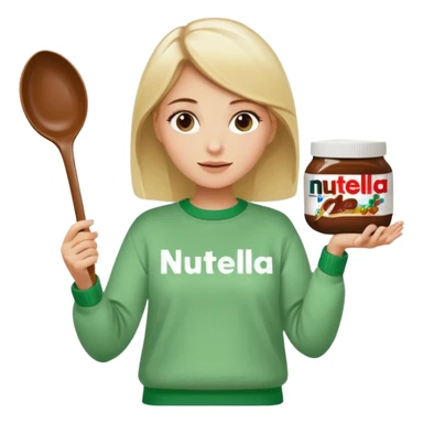 Blond woman with white and green pullover holds in one hand a big carriage of Nutella and in the other hand a oversized spoon which is in the carriage of Nutella sticker