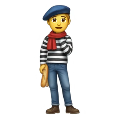a french guy with a beret, black and white striped clothes, a red scarf, a baguette on his back and blue jeans. sticker