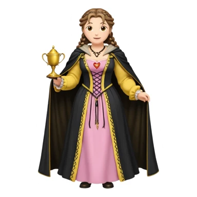 Helga Hufflepuff,brown-haired,2 braids,yellow-black medieval open dress,deep neckline,fat macromastia,black cloak decorated with gold braiding,gold cup with two handles,very kind smile,curvy busty,round rosy cheeks,full length with medieval shoes, inscription in pink heart says:"I love HELGA" sticker