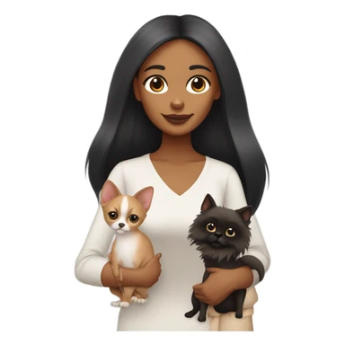 Latino woman with black staight hair and brown eyes is holding a grey sphinx cat and a ginger Pomeranian dog sticker