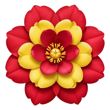 simple red camellia flower with exactly five overlapping petals and yellow center sticker