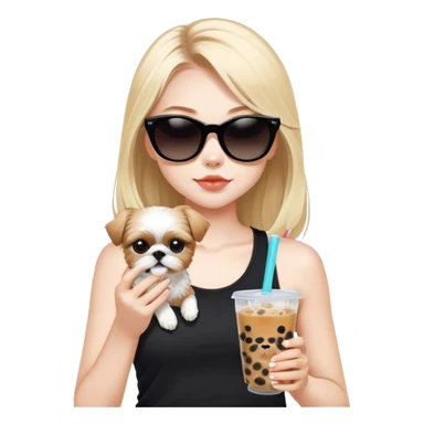 Blonde girl with pale skin and long hair with all black cat eye sunglasses in black tank top and boba tea and tan Shih Tzu  sticker