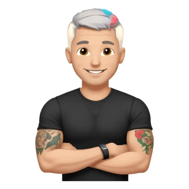 un homme de 35 ans, cheveux très court gris, qui sourit, musclé avec un seul bras tatoué et un tee shirt noir sticker