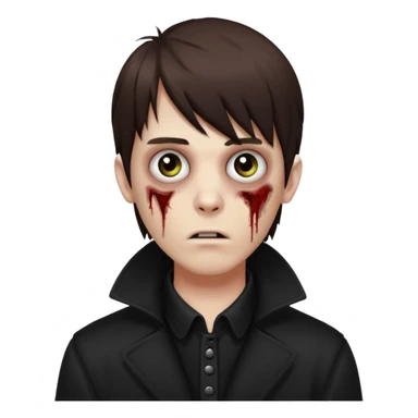 Zombie, emo guy with dark circles under his eyes and medium brown hair with straight bangs, in a black long
 sticker