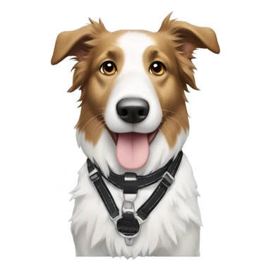 A black and white collie dog wearing a harness that has whales on it sticker