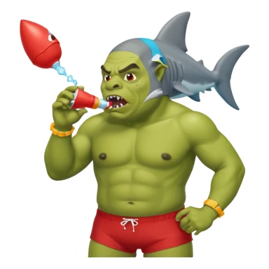 orc male in shark floatie, blowing whistle. Red swim trunks sticker