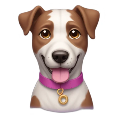 a purple dog with a brown nose and a pink collar with a bone happy  sticker