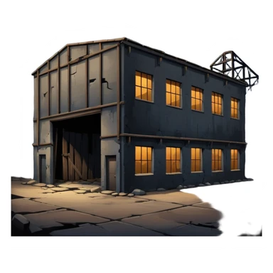 cinematic realistic ultra HD - a warehouse in a secluded place, at night with broken walls sticker