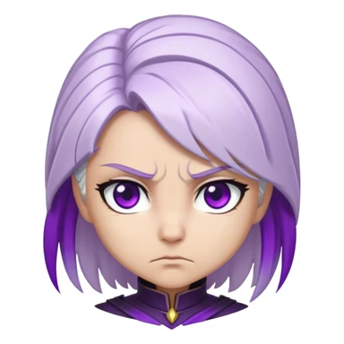 Chibi Sable Ward with intense focus expression, slightly furrowed brows, concentrated stare, white hair with purple streaks, fully purple eyes, determined look sticker