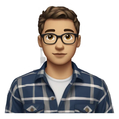 A young male teenager with facial stubble, thick black glasses, neatly trimmed short brown hair, exuding confidence, clad in a navy blue and white unbuttoned checked plaid short sleeve shirt. sticker