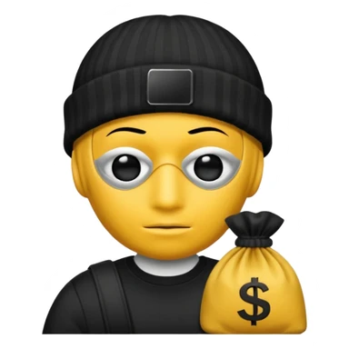 A yellow guy with a black beanie white shirt with black stripes a black mask for it's eyes and holding a money bag with yellow hair sticker