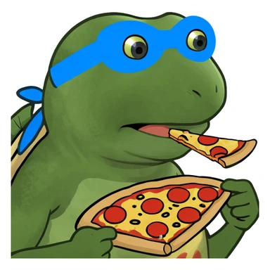 ninja turtle wearing blue eye mask with pizza sticker