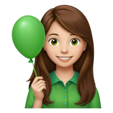 girl with long brown hair, holding green balloon sticker