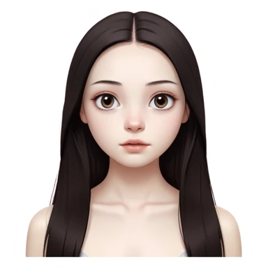 girl with white skin, dark brown long realistic straight hair with middle part prominently falling in front of her body over her shoulders, natural lips with absolutely no cupid's bow and no lip gloss or makeup, big round eyes with very black shiny eyeballs and natural eyelashes, no makeup whatsoever on face, no blush, no eyeshadow, completely bare face, lighter button nose, exceptionally elongated very long oval-shaped face, wearing a pink off-shoulder top, looking directly at camera with hands down at sides sticker