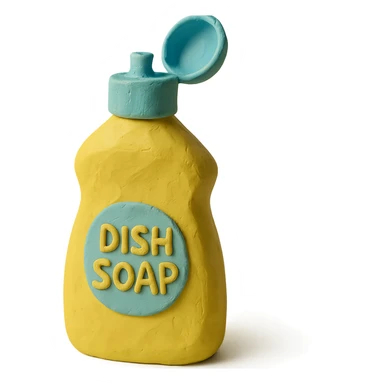 close-up of dish soap bottle in claymation style with cap open, soft lighting, pastel colors sticker