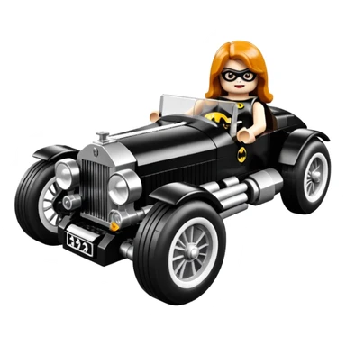 Batgirl’s Lego black Bare bones chopped streamlined sporty roadster (stripped down) hot street rodded engine sports car 1932 Rolls Royce Woody futuristic electric spaceship motors and lightning dynamos with wide racing wheels that are held strong by advanced suspension and steering sticker