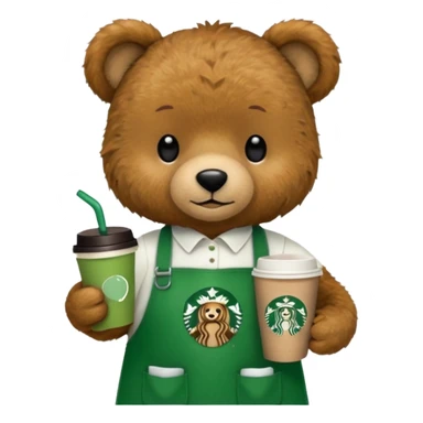 teddy bear wearing green apron with one cup of starbucks coffee sticker