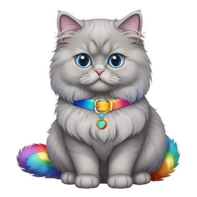gray Persian cat full body sitting with blue eyes and rainbow belt sticker