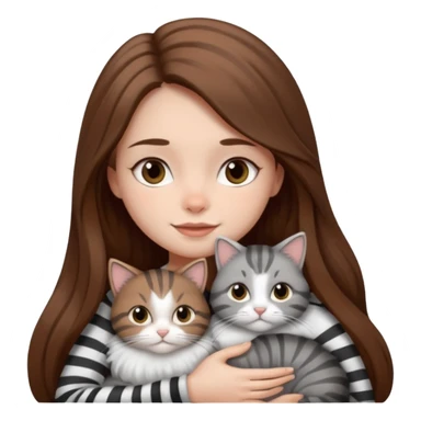 pretty girl with long brown hair snuggling 3 cats: grey and white, brown striped and black and white sticker