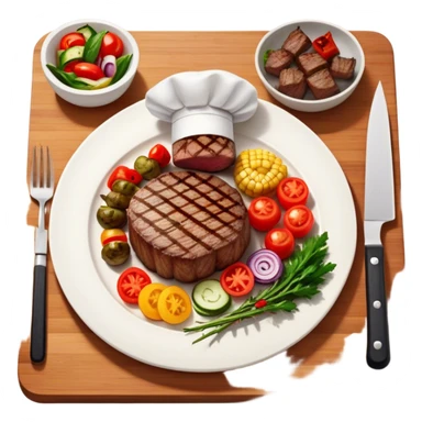 icon featuring cooking: a chef's hat, a cutting board with fresh ingredients, a knife, a plate with a well-plated dish, a beautiful ribeye beef steak, and beautifully arranged shashlik skewers placed across. Bright, detailed design with realistic textures and lighting. Transparent background. sticker