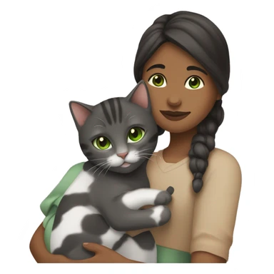 (one brownskin girl with brown eyes and black hair) cuddling (one gray tabby cat with green eyes) sticker