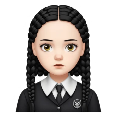 Draw Wednesday Addams (Jenna Ortega) with pale skin, black braids, dark uniform, white collar & intense stare. sticker