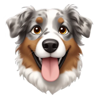 Australian Shepherd with a merle coat (gray, black, and tan), bright brown eyes, big smile, fluffy slightly perked ears, red collar with tags, and front paws crossed elegantly. sticker