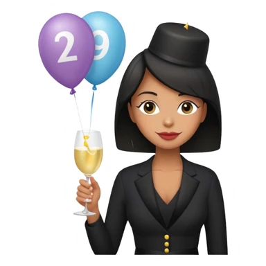Emoji-style illustration of a funny woman in black funeral outfit holding a prosecco glass, balloon with number 29, ironic birthday funeral theme, playful expression, flat emoji design, pastel tones, high resolution sticker