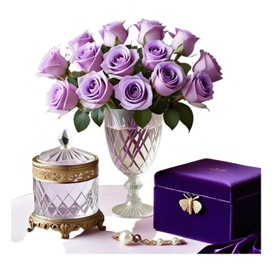 A romantic still life featuring a bouquet of freshly bloomed light violet Ascott tea roses arranged in a crystal vase, accompanied by a deep purple velvet jewelry box partially opened, revealing a pearl necklace inside. A gentle lavender butterfly flutters near the flowers, adding a dreamy touch. An elegant ivory silk ribbon is loosely draped around the arrangement, leading towards an ornate vintage-style perfume flacon in soft pearlescent tones, radiating an air of timeless sophistication sticker