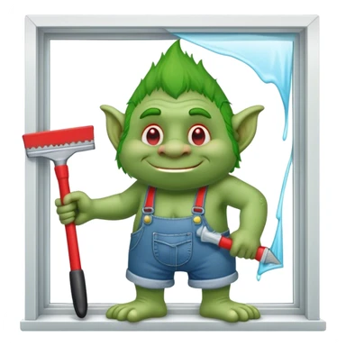 Troll wearing jorts cleaning a window using red squeegee sticker