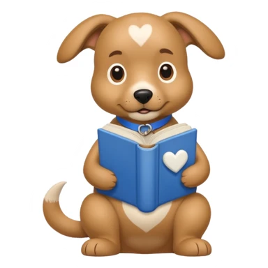 beige dog with a big white heart on its back reading a blue book sticker
