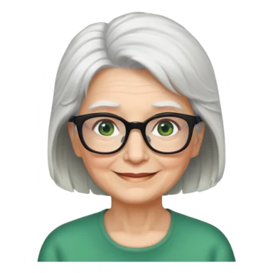 White hair grandma, green eyes, hair to shoulder, lokeg black glasses, rectangles face, smile , sticker