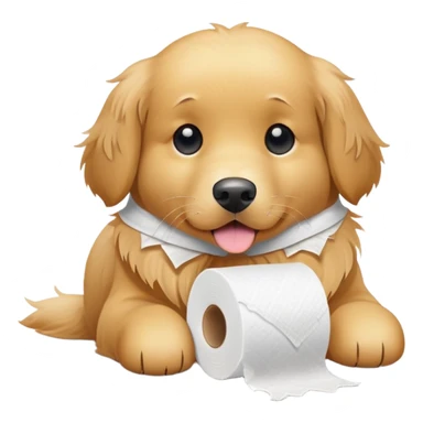 A sweet golden retriever with a roll of shredded toilet paper sticker
