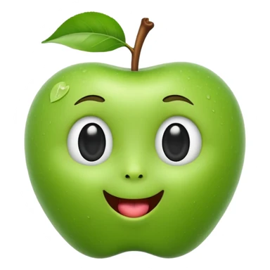3D iOS-style emoji of a green apple with a cute human face: glossy, soft shading, big black eyes, tiny nose, open mouth with tongue, stem and leaf on top, white background sticker