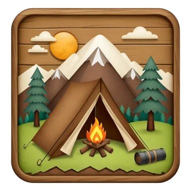 Wooden Camping sign made of felt texture, scrapbooking style, transparent background sticker