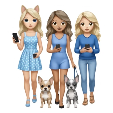 Three pretty women in beach clothes one walking a blue and gray spotted Merle Frenchie, one walking a black with tan chihuahua puppy, one holding iPhone, hazel eyed light skin with dark blonde long hair and light light skin hazel eyed long wavy brown hair, blue eyed light skin long blonde hair  sticker