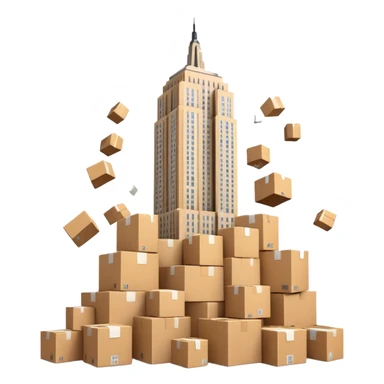 Empire State Building with plain boxes tumbling down, dynamic, fun sticker
