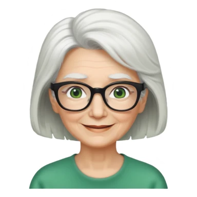 White hair grandma, green eyes, hair to shoulder, lokeg black glasses, rectangles face, smile , sticker