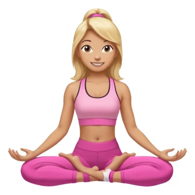 Mujer color de piel moreno claro con cabello rubio, usando un top rosa deportivo y leggins deportivo rosa en una pose de yoga, viendo hacia enfrente con ojos negros y sonriendo sin mostrar los dientes sticker